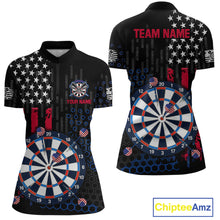 Load image into Gallery viewer, Custom darts quarter-zip jersey for women with American flag design and dartboard graphic, personalized team name and player name by ChipteeAmz