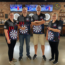 Load image into Gallery viewer, Group of four people in a sports bar wearing matching custom black darts team polo shirts featuring an American flag and dartboard design.