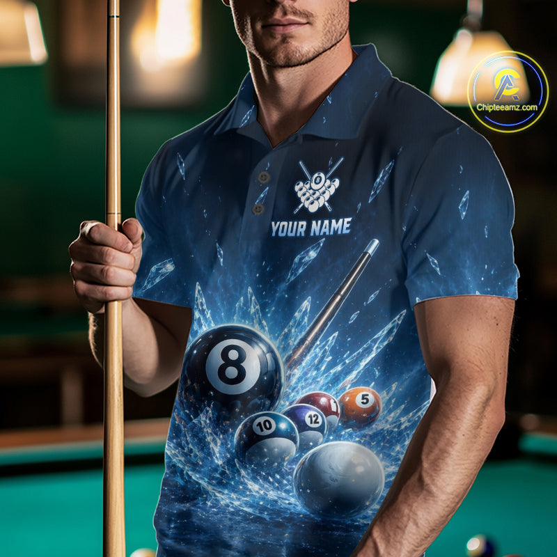 Front view of custom ice billiard polo shirt with 8 ball frozen pool design, billiard‑themed background