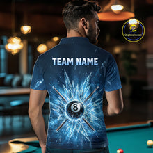 Load image into Gallery viewer, Back view of custom ice billiard polo shirt with 8 ball Frozen Pool design, billiard‑themed background