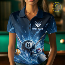Load image into Gallery viewer, Front view of custom ice billiard polo shirt with 8 ball Frozen Pool design, billiard‑themed background