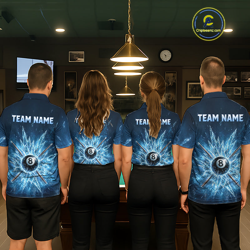 Detail image of custom ice billiard polo shirt material, showing polyester 3D‑print Frozen Pool fabric texture