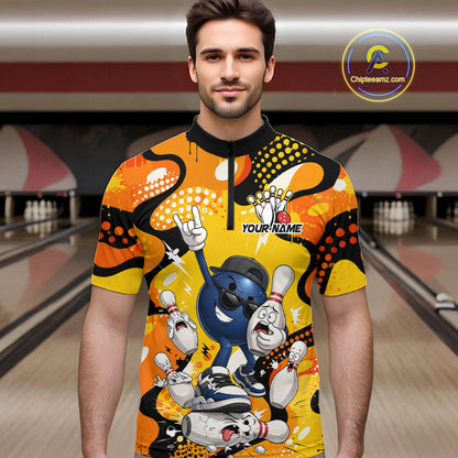Man wearing a colorful bowling-themed shirt in a bowling alley.