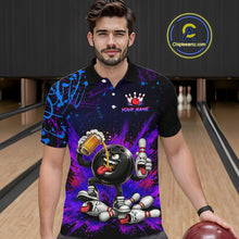 Load image into Gallery viewer, Man wearing a colorful bowling-themed shirt in a bowling alley.