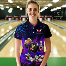 Load image into Gallery viewer, Woman wearing a custom bowling shirt with a design in a bowling alley.