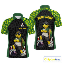 Load image into Gallery viewer, Custom bowling-themed short-sleeve polo shirt shown from both front and back views. The shirt features a green and black turtle-patterned design with a cartoon turtle character wearing sunglasses, bowling pins, and bowling balls.