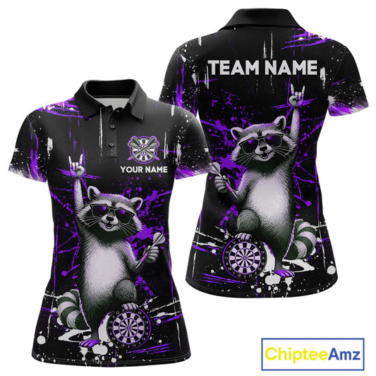 Custom Purple Funny Raccoon Dart Team Shirt for Women Dart Jersey Polo & /4-Zip Dartboard Shirt Outfit DHT29