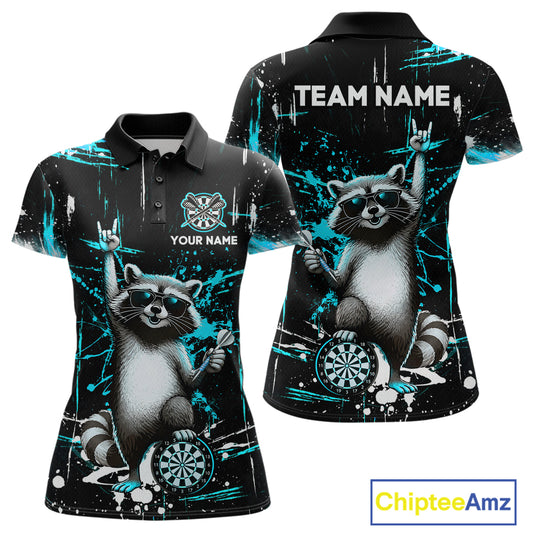Custom Turquoise Funny Raccoon Dart Team Shirt for Women Dart Jersey Polo & /4-Zip Dartboard Shirt Outfit DHT29