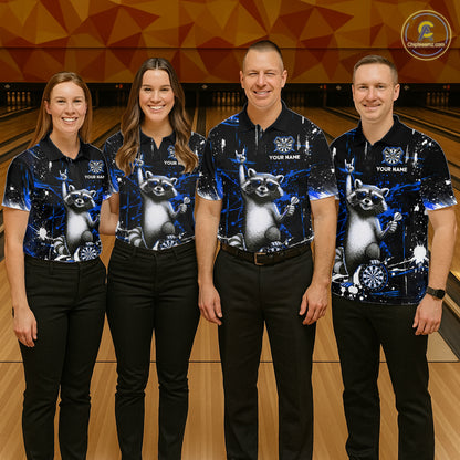 Custom Blue Funny Raccoon Dart Team Shirt for Men Dart Jersey Polo & /4-Zip Dartboard Shirt Outfit DHT29