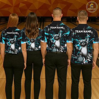 Custom Turquoise Funny Raccoon Dart Team Shirt for Women Dart Jersey Polo & /4-Zip Dartboard Shirt Outfit DHT29