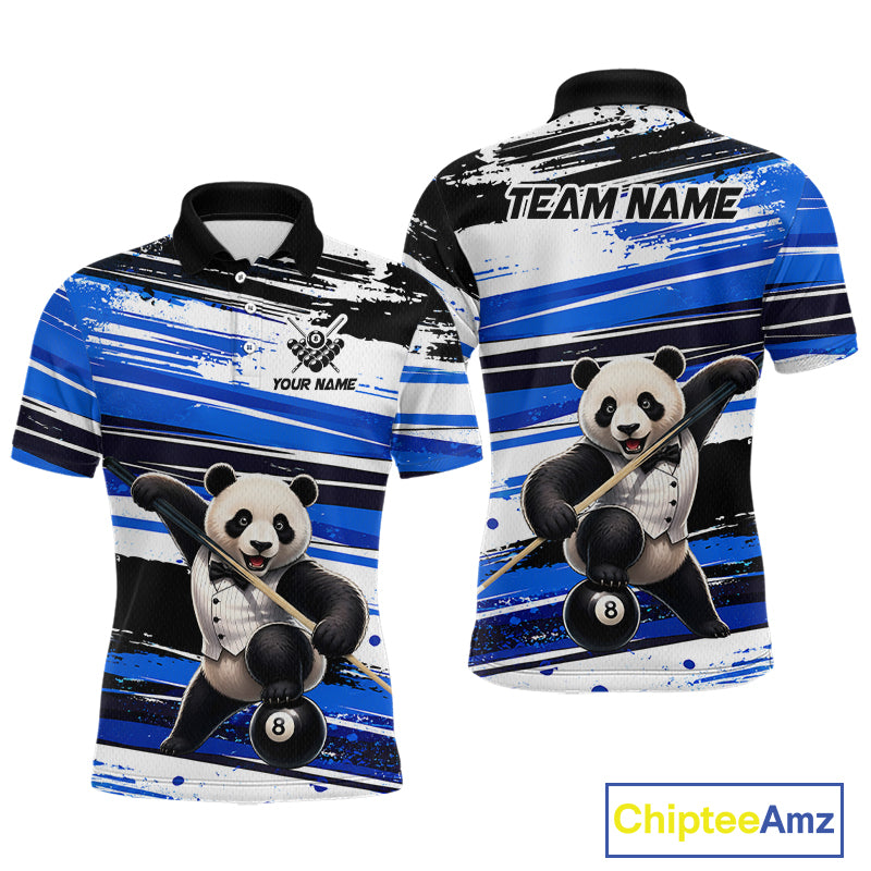 Polo shirt with panda design and customizable text on a blue and white striped background