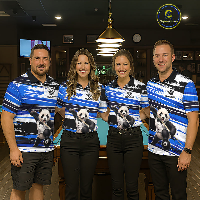 Four people wearing matching polo shirts with panda graphics in a bar setting.