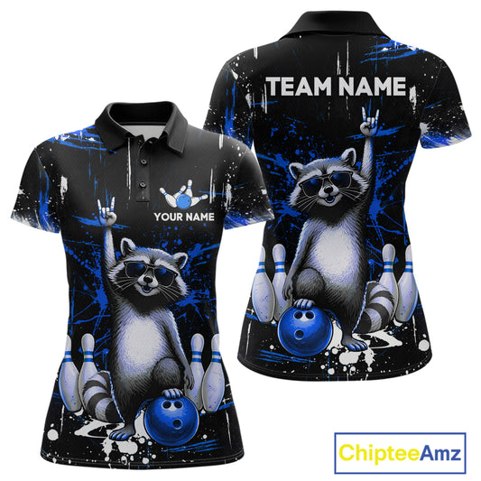 Custom Blue Funny Raccoon Bowling Shirt for Women Bowling Jersey Polo & 1/4-Zip Bowling Outfit QZT892