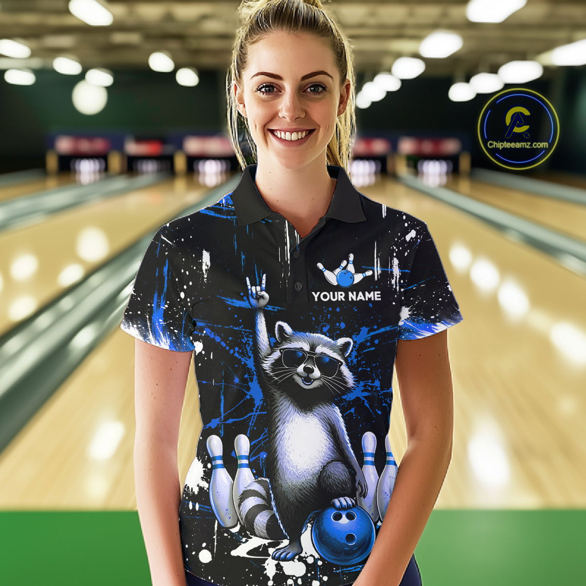 Custom Blue Funny Raccoon Bowling Shirt for Women Bowling Jersey Polo & 1/4-Zip Bowling Outfit QZT892