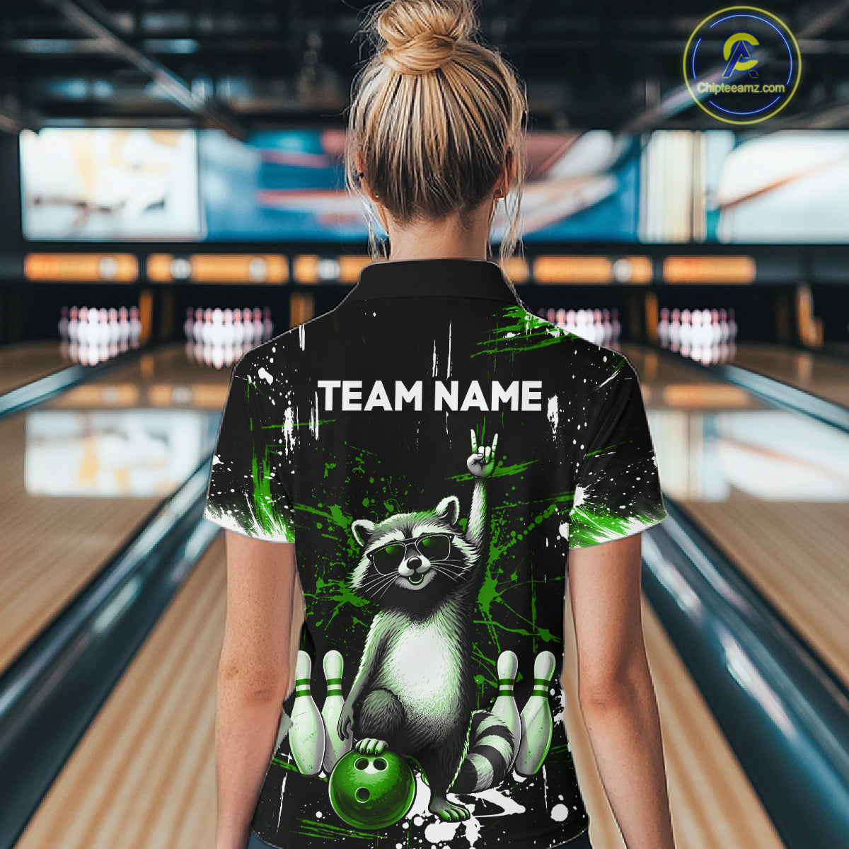 Custom Green Funny Raccoon Bowling Shirt for Women Bowling Jersey Polo & 1/4-Zip Bowling Outfit QZT892