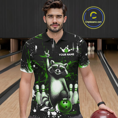 Custom Green Funny Raccoon Bowling Shirt for Men Bowling Jersey Polo & 1/4-Zip Bowling Outfit QZT892