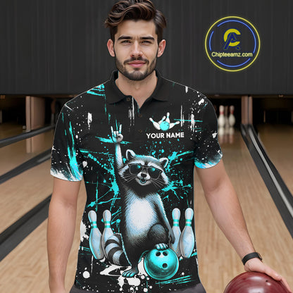 Custom Turquoise Funny Raccoon Bowling Shirt for Men Bowling Jersey Polo & 1/4-Zip Bowling Outfit QZT892