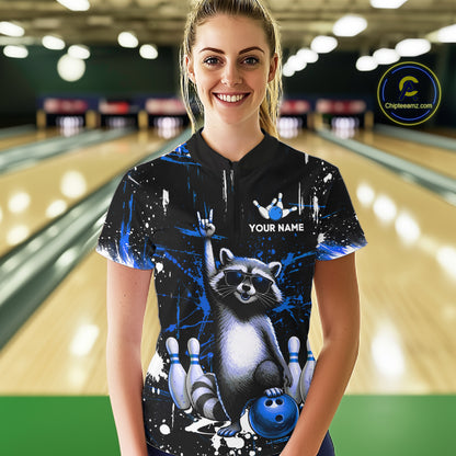 Custom Blue Funny Raccoon Bowling Shirt for Women Bowling Jersey Polo & 1/4-Zip Bowling Outfit QZT892