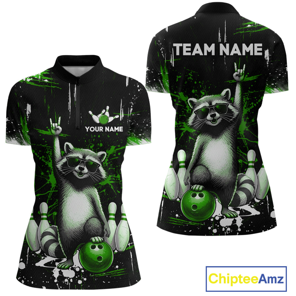 Custom Green Funny Raccoon Bowling Shirt for Women Bowling Jersey Polo & 1/4-Zip Bowling Outfit QZT892