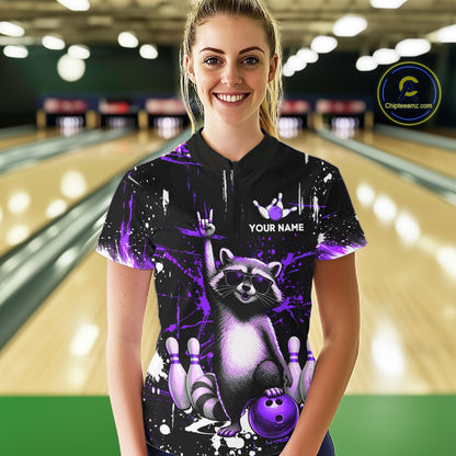 Custom Purple Funny Raccoon Bowling Shirt for Women Bowling Jersey Polo & 1/4-Zip Bowling Outfit QZT892