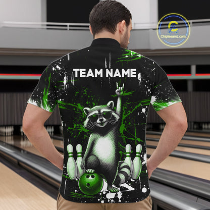 Custom Green Funny Raccoon Bowling Shirt for Men Bowling Jersey Polo & 1/4-Zip Bowling Outfit QZT892