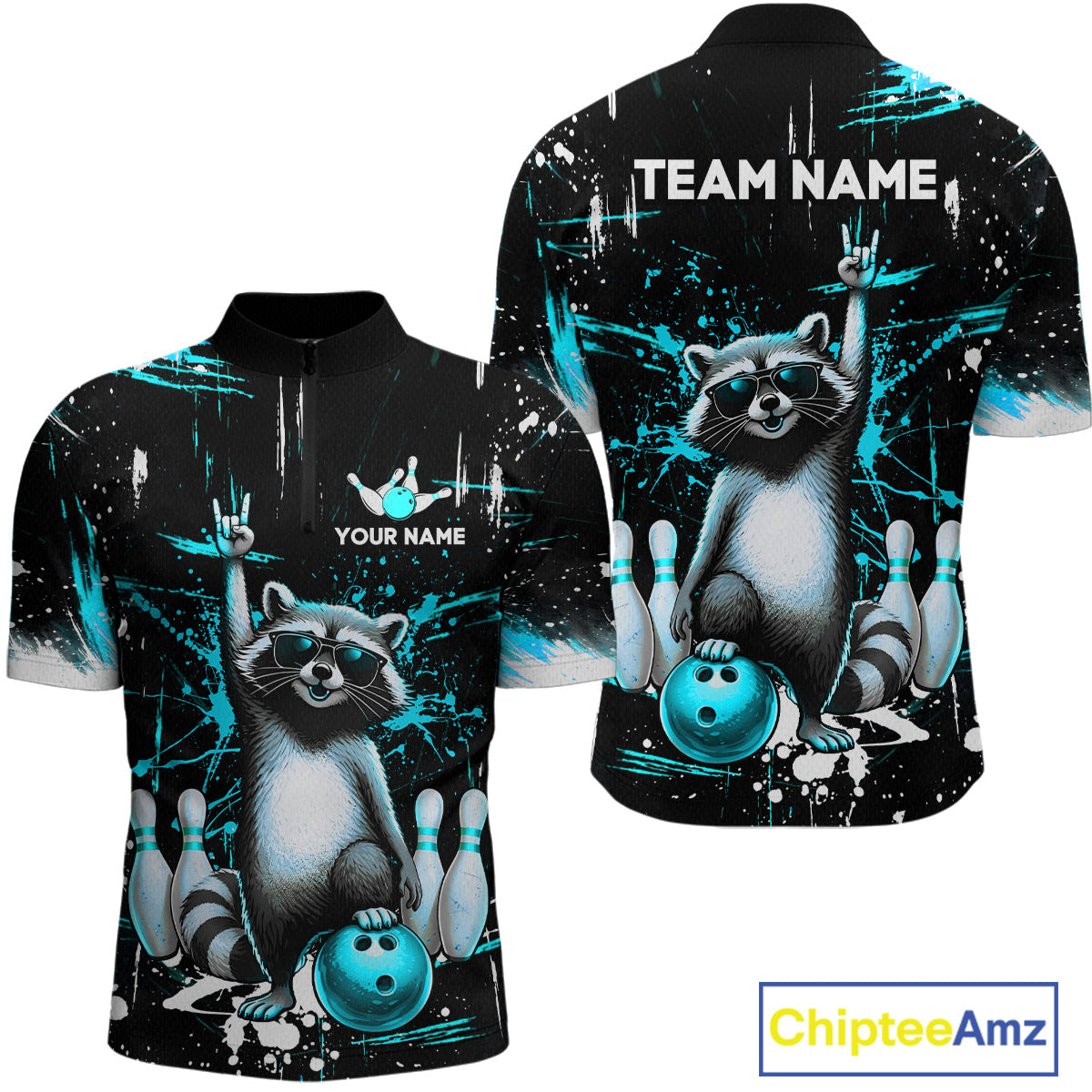 Custom Turquoise Funny Raccoon Bowling Shirt for Men Bowling Jersey Polo & 1/4-Zip Bowling Outfit QZT892
