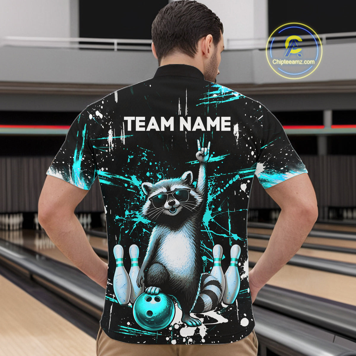Custom Turquoise Funny Raccoon Bowling Shirt for Men Bowling Jersey Polo & 1/4-Zip Bowling Outfit QZT892