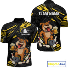 Load image into Gallery viewer, Front and back view custom black yellow bulldog bowling quarter-zip shirt featuring a playful cartoon mascot, bowling ball, beer mug and yellow paint splash pattern, displaying Your Name and Team Name