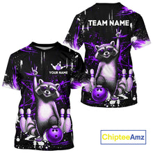 Load image into Gallery viewer, Black and purple t-shirt with purple raccoon design and customizable text, featuring the brand 'ChipteeAmz'.