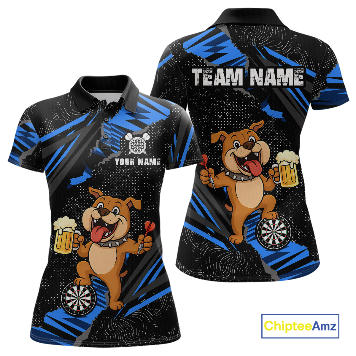 Blue Funny Bulldog Dart Team Shirt for Women Custom Dart Jersey Dartboard Shirt DHT28