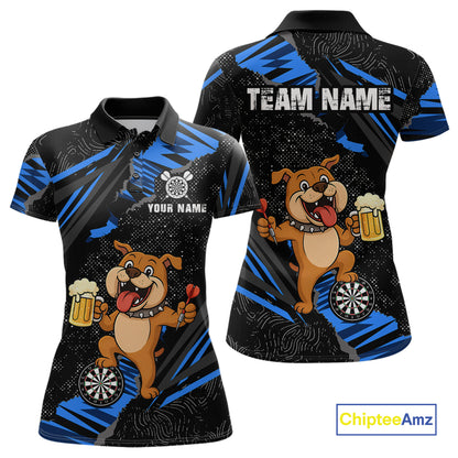 Blue Funny Bulldog Dart Team Shirt for Women Custom Dart Jersey Dartboard Shirt DHT28