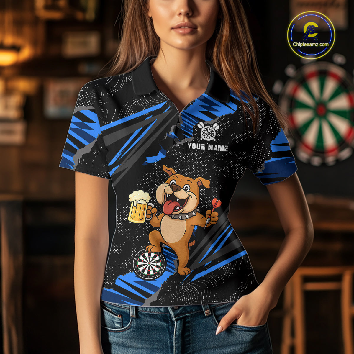 Blue Funny Bulldog Dart Team Shirt for Women Custom Dart Jersey Dartboard Shirt DHT28