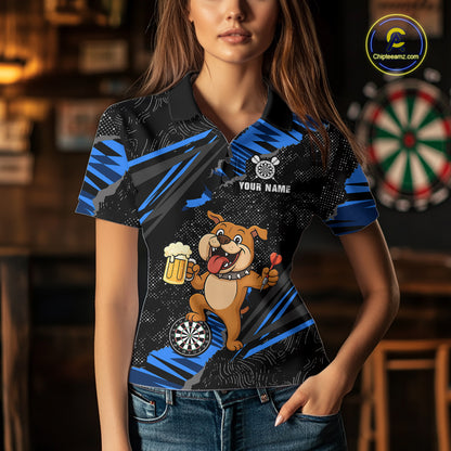 Blue Funny Bulldog Dart Team Shirt for Women Custom Dart Jersey Dartboard Shirt DHT28