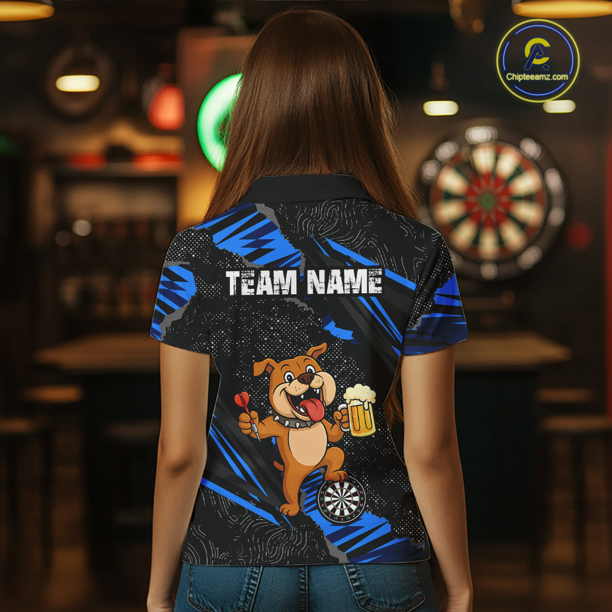 Blue Funny Bulldog Dart Team Shirt for Women Custom Dart Jersey Dartboard Shirt DHT28