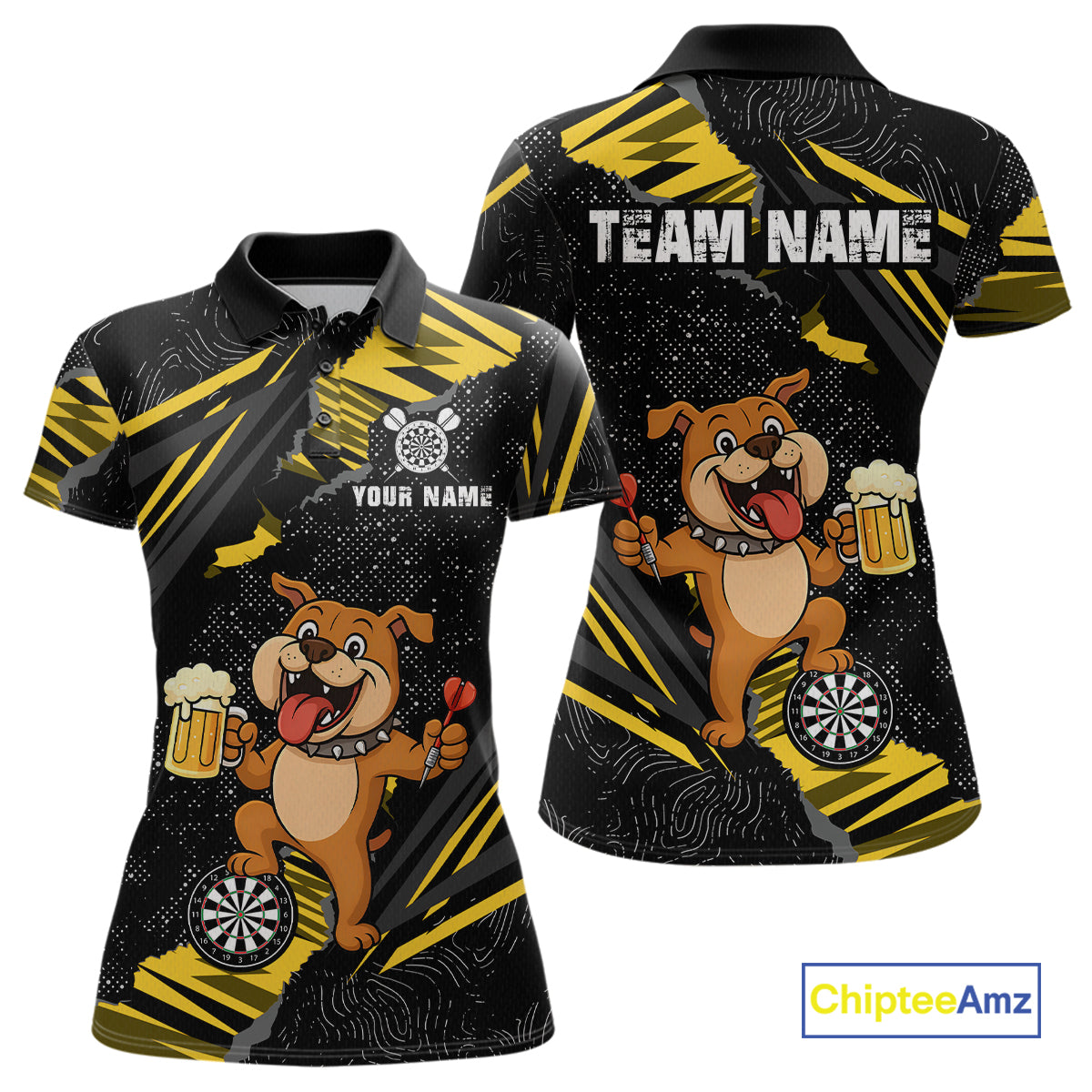 Yellow Funny Bulldog Dart Team Shirt for Women Custom Dart Jersey Dartboard Shirt DHT28