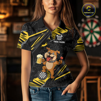 Yellow Funny Bulldog Dart Team Shirt for Women Custom Dart Jersey Dartboard Shirt DHT28