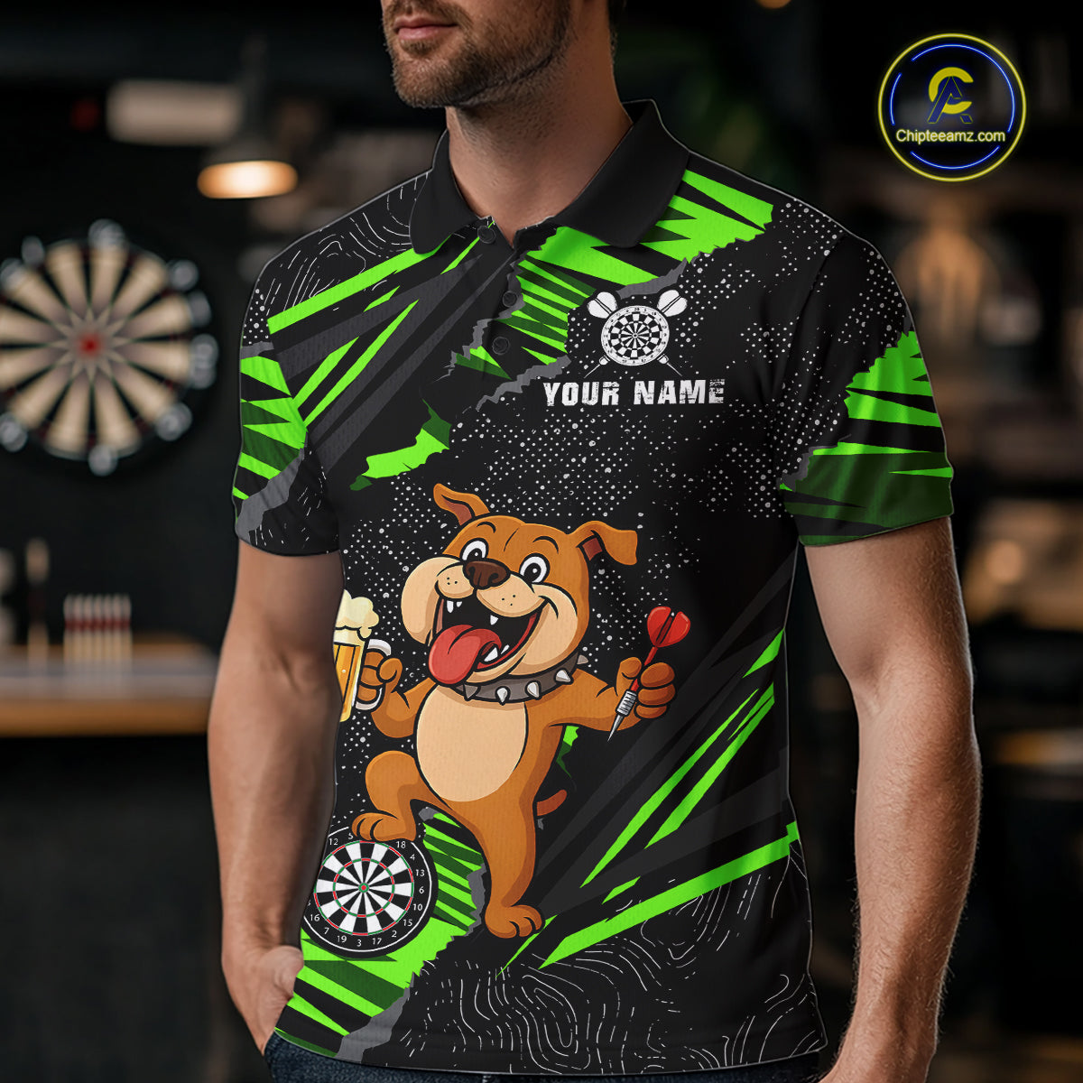Green Funny Bulldog Dart Team Shirt for Men Custom Dart Jersey Dartboard Shirt DHT28