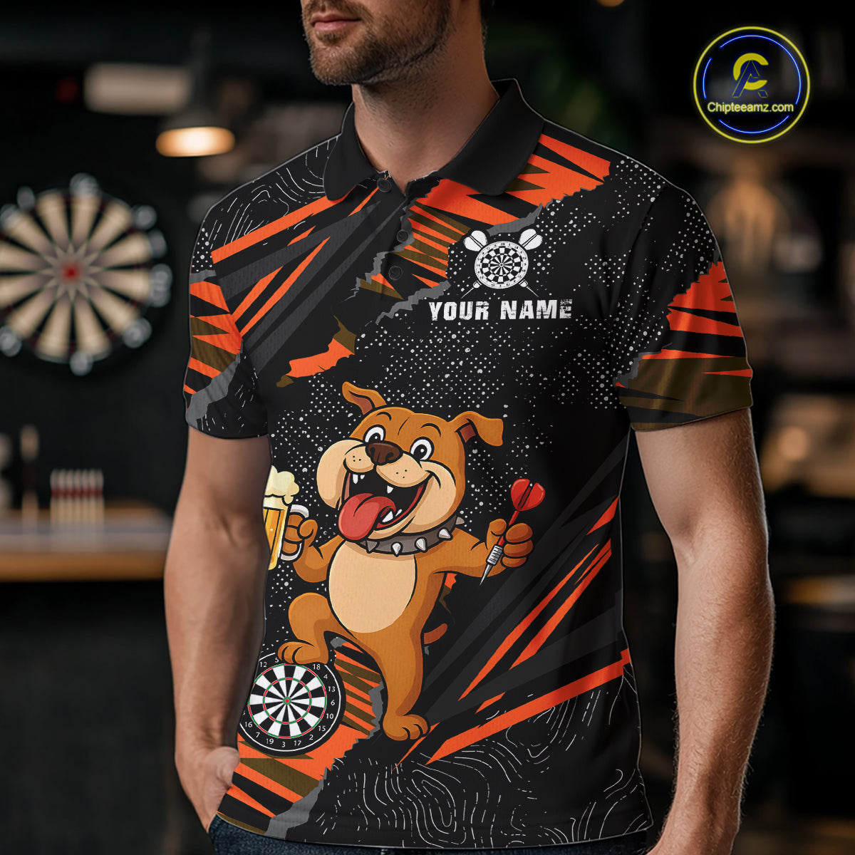Orange Funny Bulldog Dart Team Shirt for Men Custom Dart Jersey Dartboard Shirt DHT28