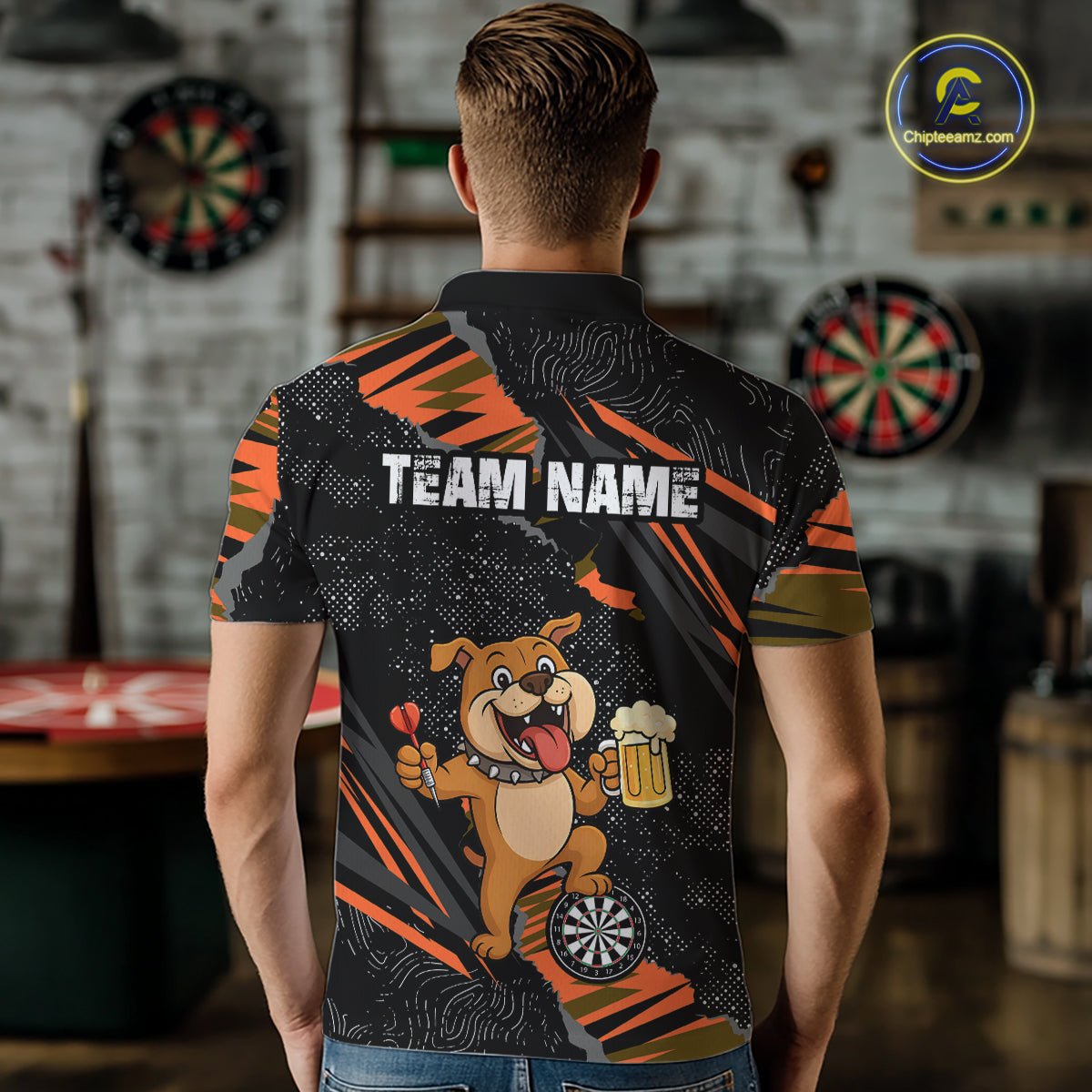 Orange Funny Bulldog Dart Team Shirt for Men Custom Dart Jersey Dartboard Shirt DHT28