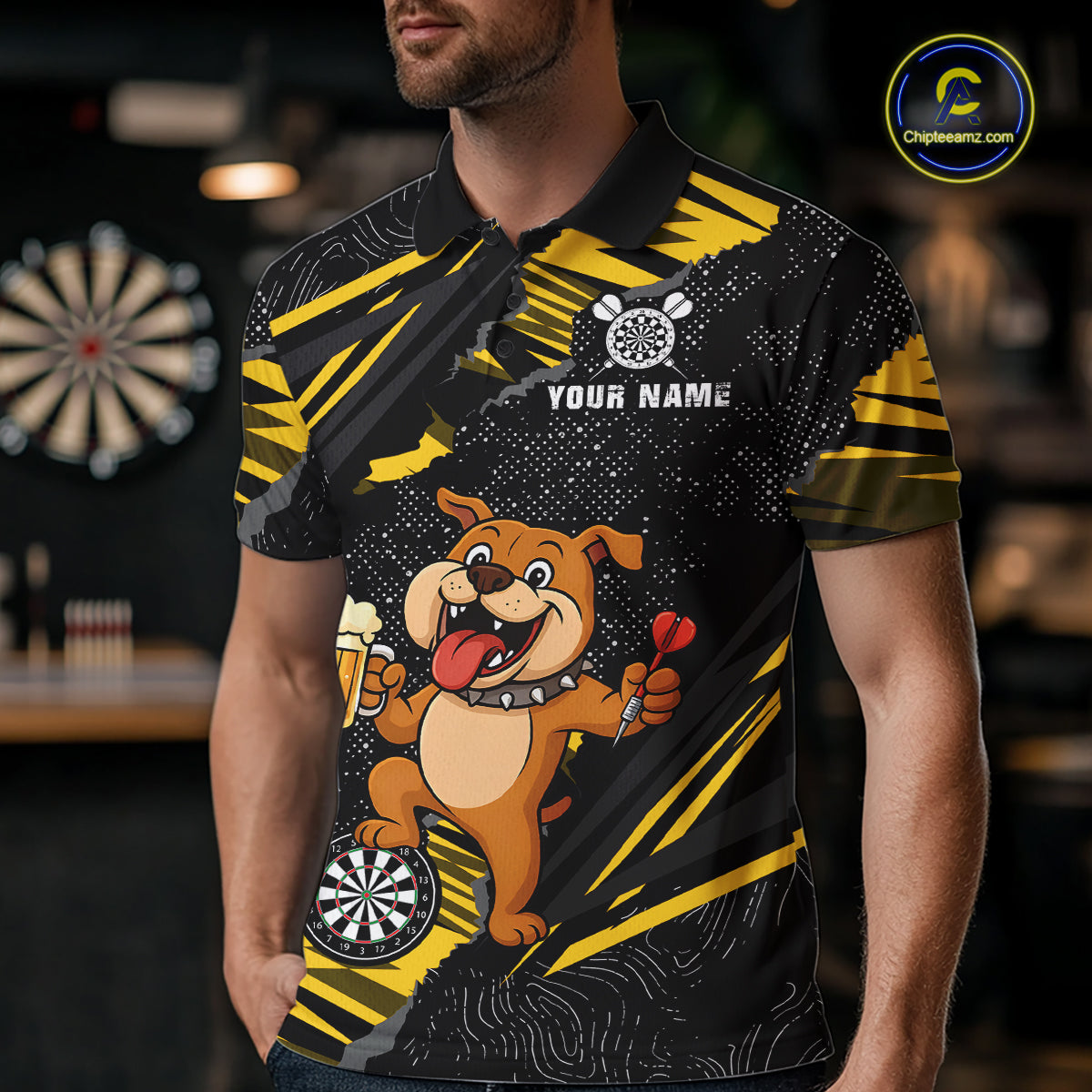 Yellow Funny Bulldog Dart Team Shirt for Men Custom Dart Jersey Dartboard Shirt DHT28