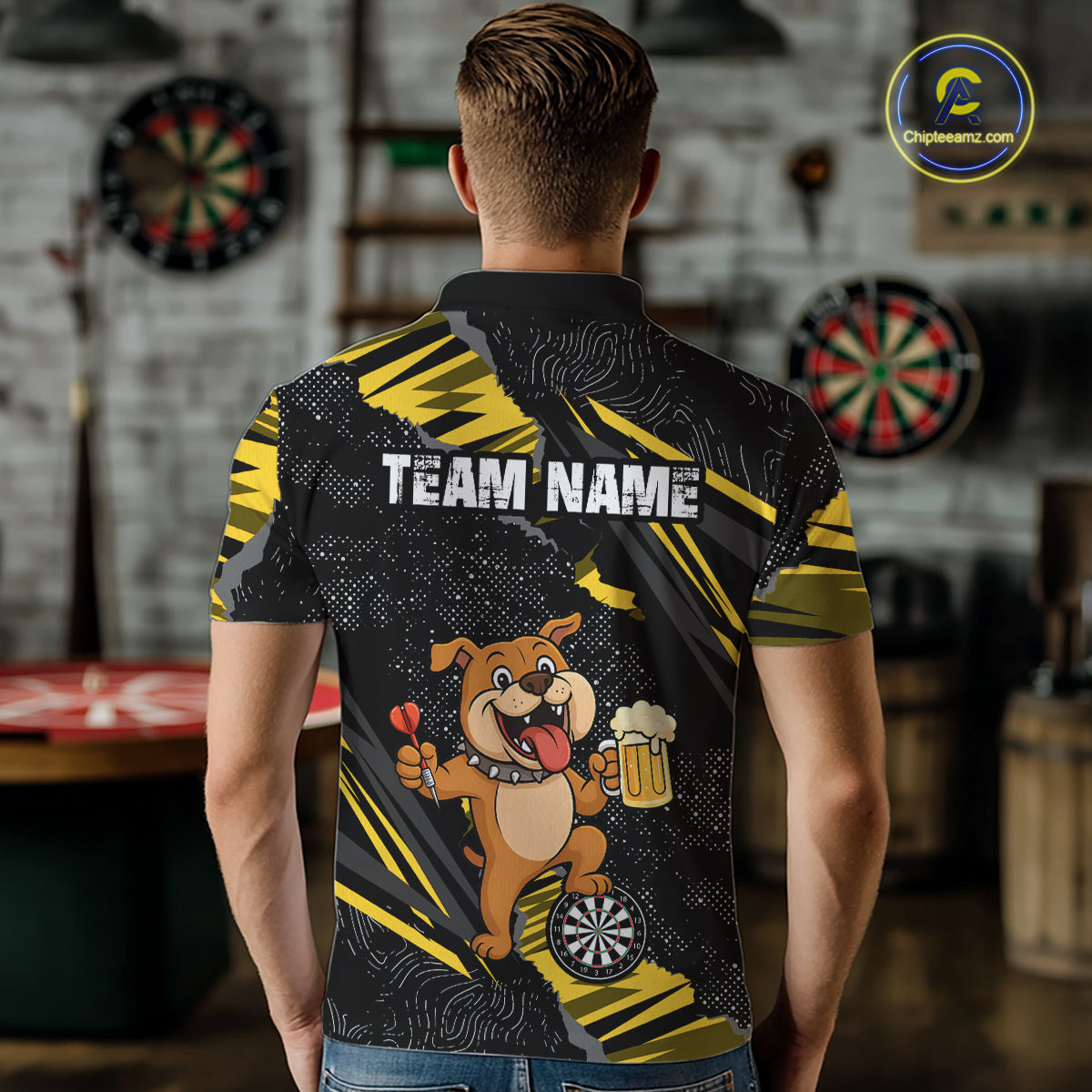 Yellow Funny Bulldog Dart Team Shirt for Men Custom Dart Jersey Dartboard Shirt DHT28