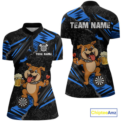 Blue Funny Bulldog Dart Team Shirt for Women Custom Dart Jersey Dartboard Shirt DHT28