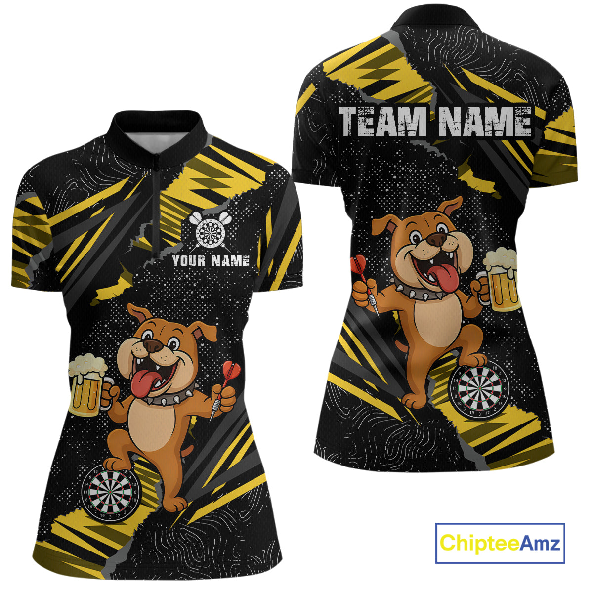 Yellow Funny Bulldog Dart Team Shirt for Women Custom Dart Jersey Dartboard Shirt DHT28