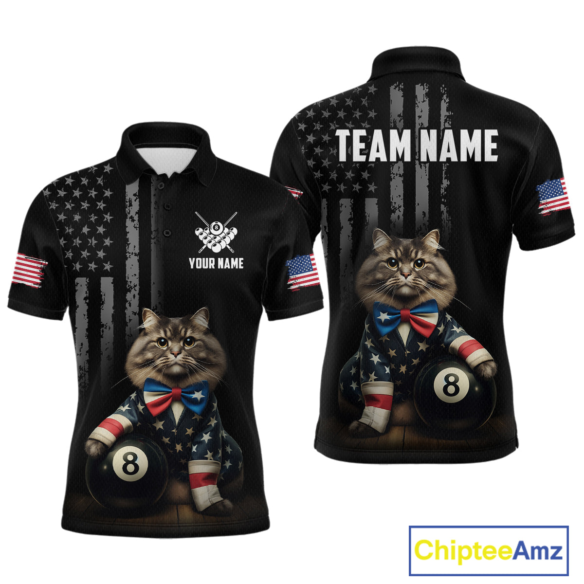 Custom American Flag Funny Cat Billiard Shirt for Men 8 Ball Pool Shirt Polo & 1/4 Zip Billiard Jersey BHT20