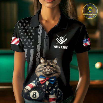 Custom American Flag Funny Cat Billiard Shirt for Women 8 Ball Pool Shirt Polo & 1/4 Zip Billiard Jersey BHT20