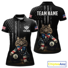 Load image into Gallery viewer, Custom American Flag Funny Cat Billiard Shirt for Women 8 Ball Pool Shirt Polo &amp; 1/4 Zip Billiard Jersey BHT20