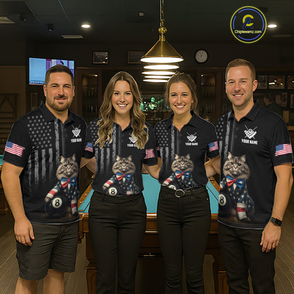 Custom American Flag Funny Cat Billiard Shirt for Men 8 Ball Pool Shirt Polo & 1/4 Zip Billiard Jersey BHT20