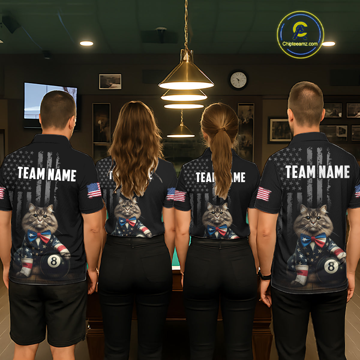 Custom American Flag Funny Cat Billiard Shirt for Men 8 Ball Pool Shirt Polo & 1/4 Zip Billiard Jersey BHT20
