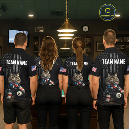 Custom American Flag Funny Cat Billiard Shirt for Men 8 Ball Pool Shirt Polo & 1/4 Zip Billiard Jersey BHT20