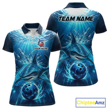 Load image into Gallery viewer, Blue shark-themed bowling shirt with customizable text on a white background